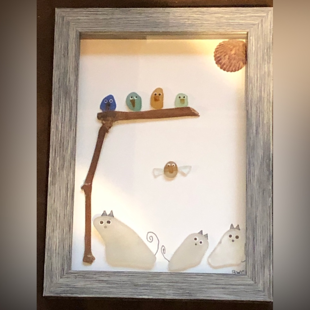 The Cats and the Canaries! Handmade Sea Glass Art